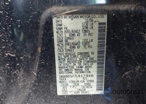 2007 Nissan Frontier Le z USA, uszkodzony, nr VIN 1N6AD07U77C417946